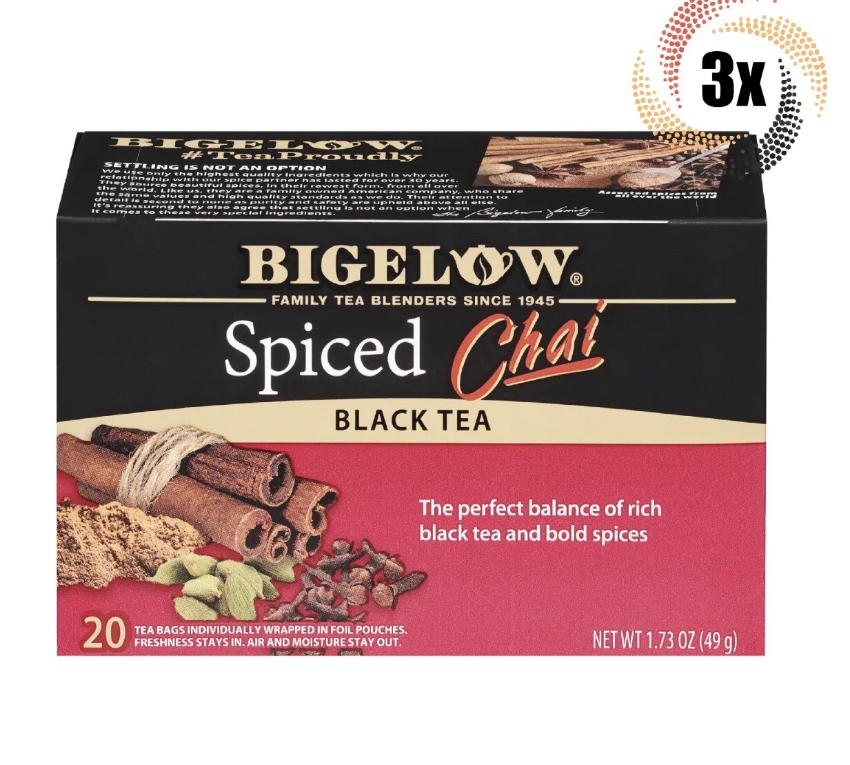 Bigelow Spiced Chai Black Tea 3packs of 20 tea bags