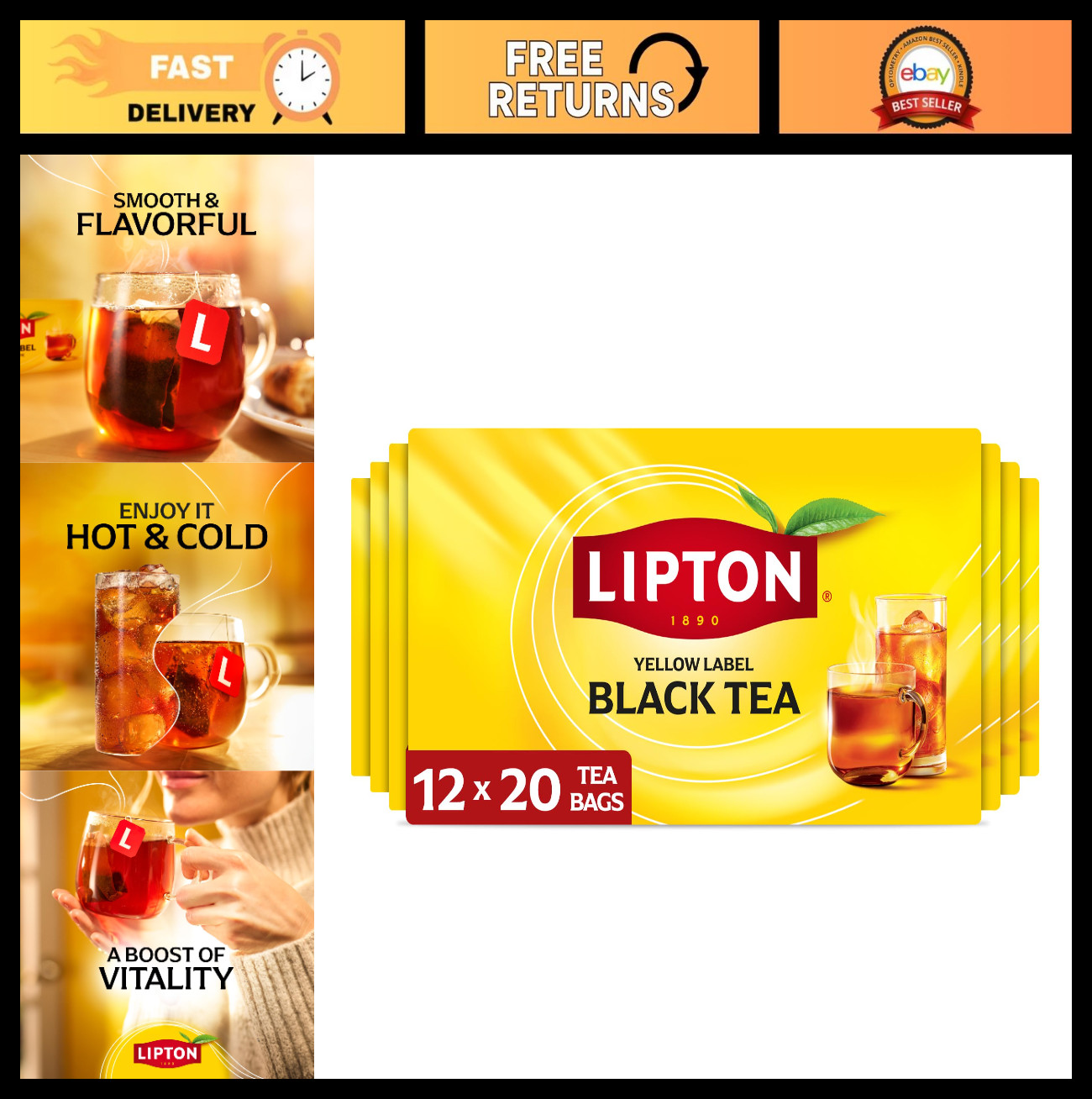 High Caffeine Black Tea Bags for Hot or Iced, 240 Total Bags – 12 Packs of 20