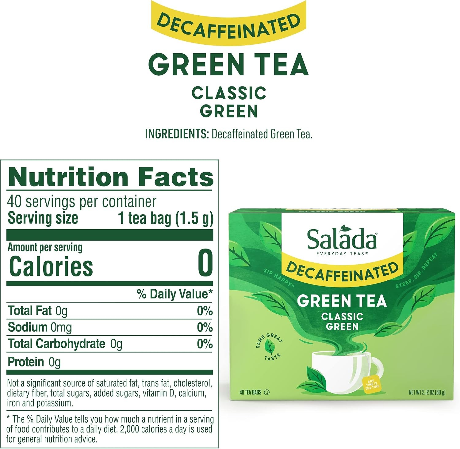 Green Tea Decaffeinated with 40 Individually Wrapped Tea Bags Contains Caffeine
