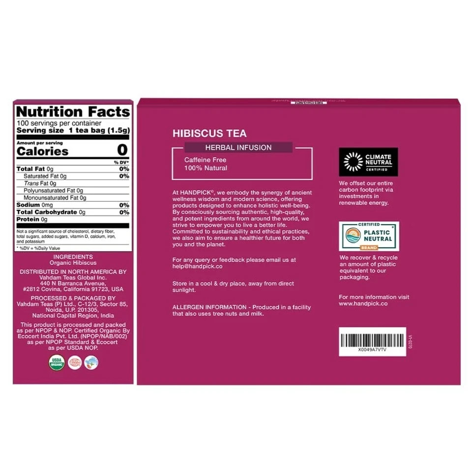 HANDPICK, Organic Hibiscus Tea Bags (100 Tea Bags) | Caffeine-Free, 100% Natural