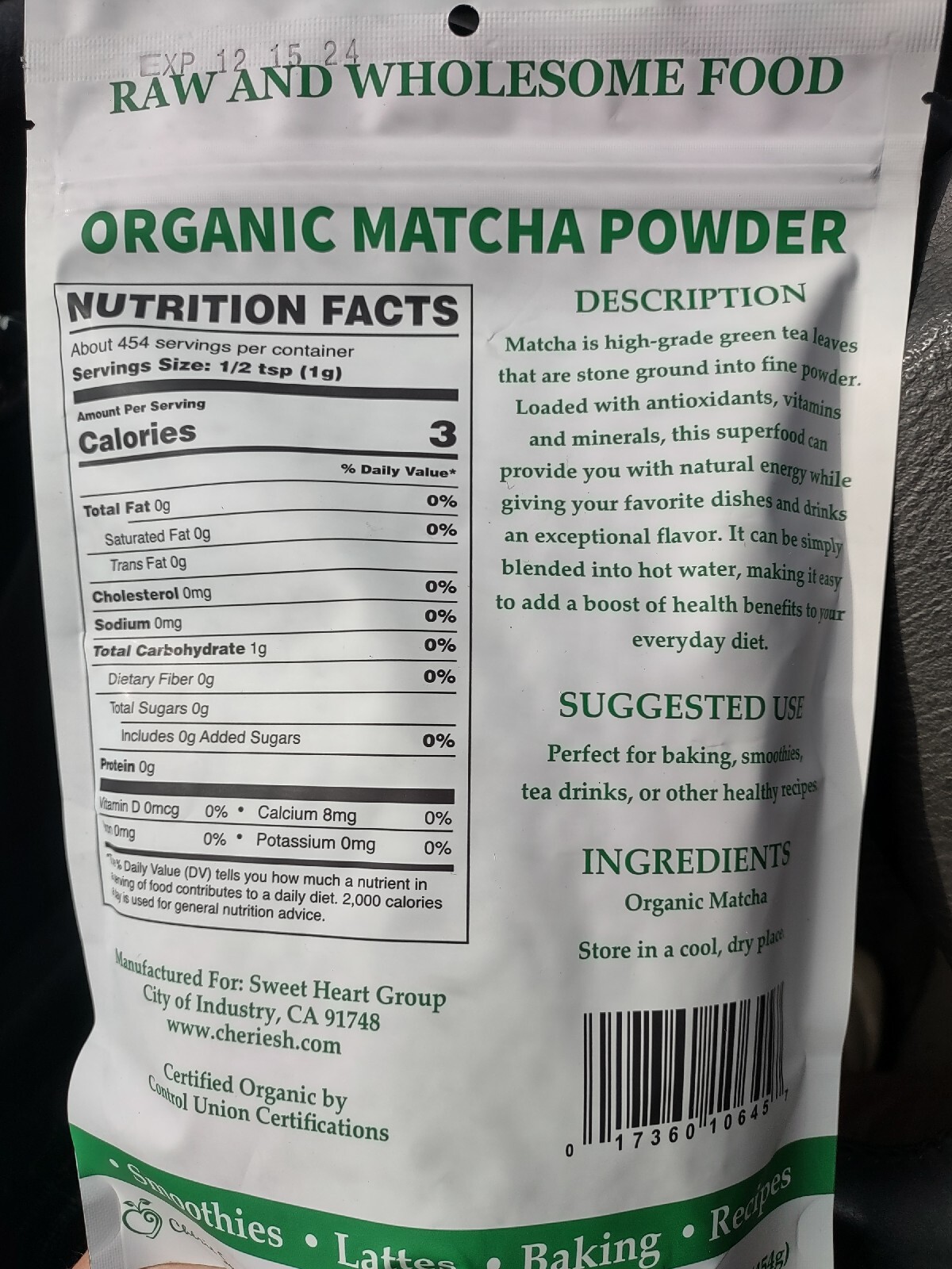 Cherie Sweet Heart Organic Matcha Powder – Matcha Green Tea Powder 16oz/1 pound