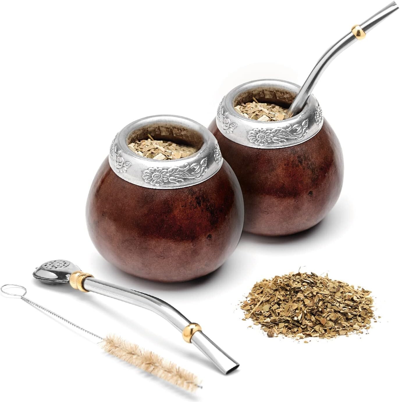 Artisan Yerba Mate Gourd Set – Two Natural Cups with Bombilla for Rich Tradition