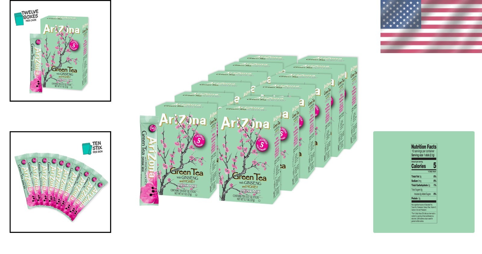 AriZona Green Tea with Ginseng and Honey – On-the-Go 10ct boxes (Pack of 12)