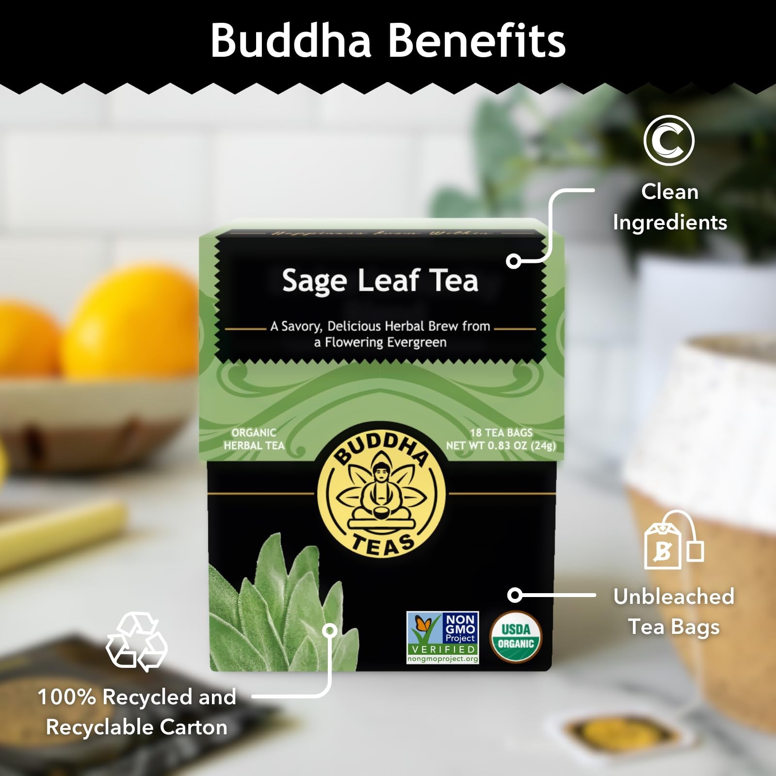 Organic Caffeine Free Sage Leaf Tea 18 Count Bleach Free Tea Bags