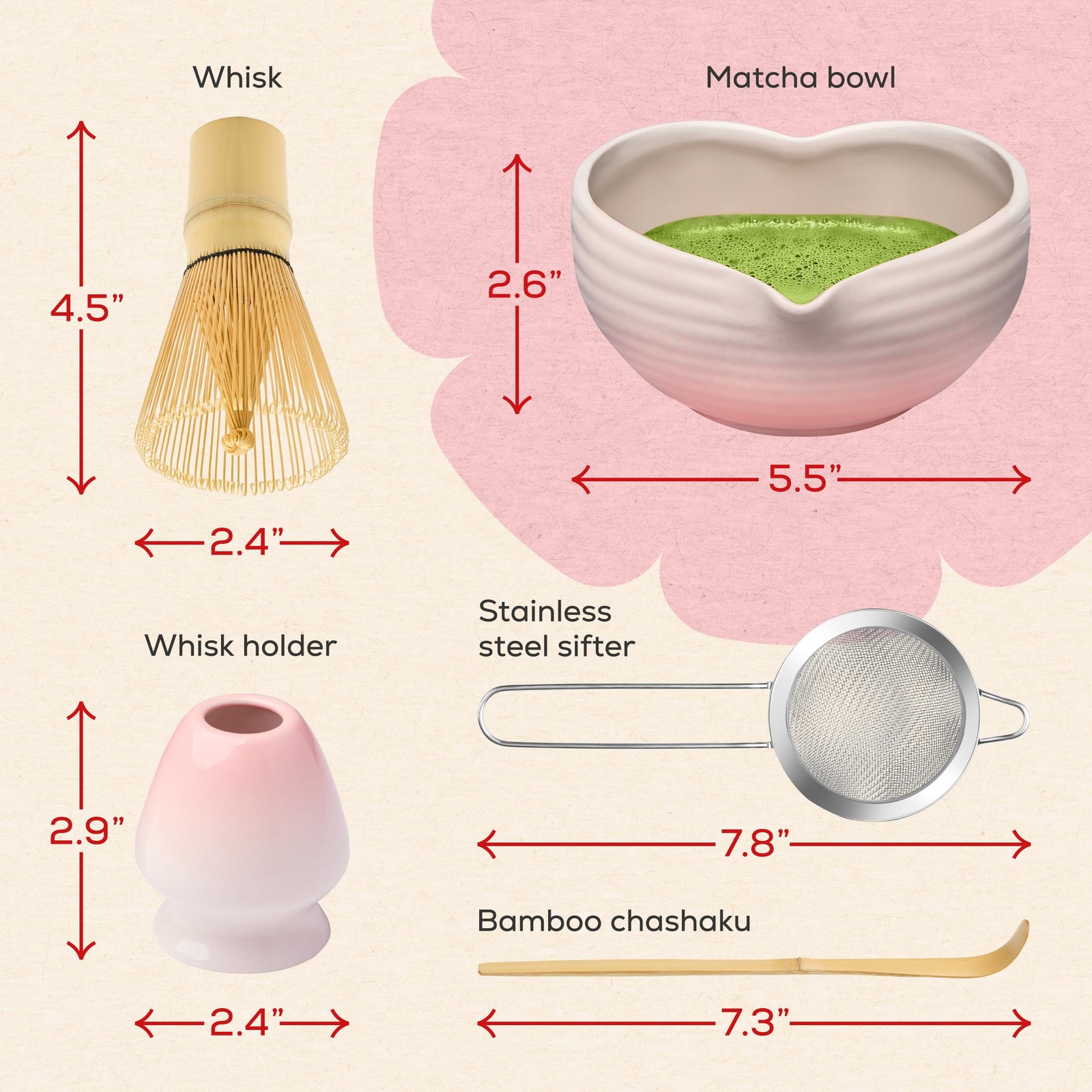 Matcha Whisk Set Heart Shaped Bowl Sifter Scoop Cute Tea Gift Kit