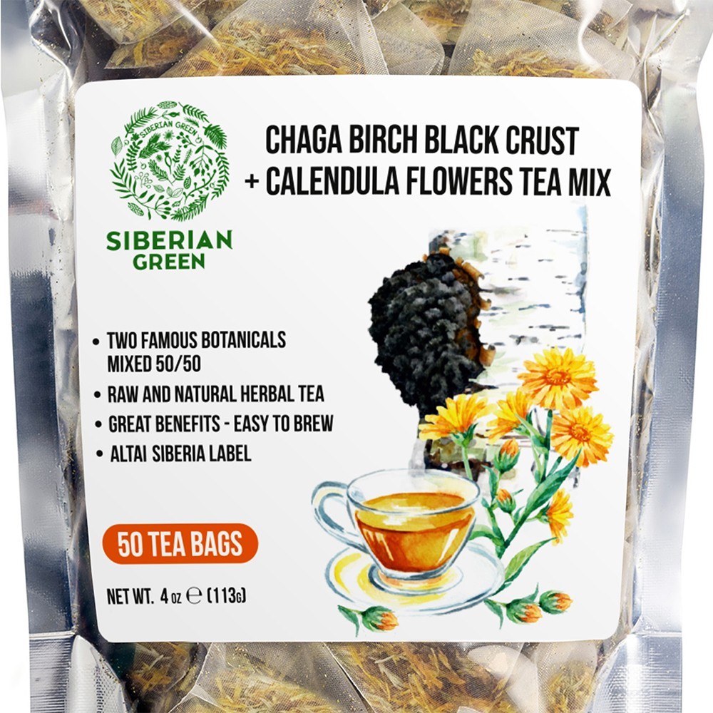 Chaga and Calendula Herbal Tea Caffeine Free Mushroom and Flower Tea 50 Bags