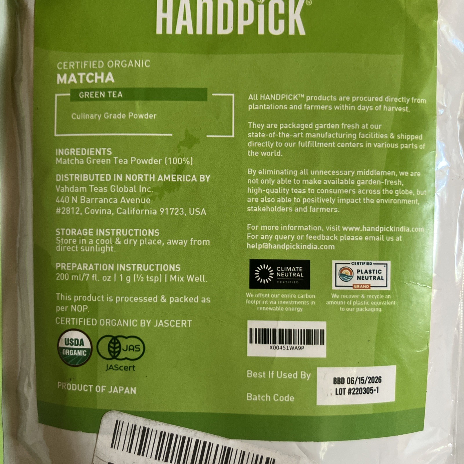 2X Handpick Culinary Grade Organic Japanese Matcha Green Tea Powder 100g Unsweet