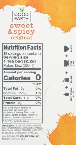 Good Earth Herbal Black Tea Cinnamon Orange 18 Count Gluten Free Kosher