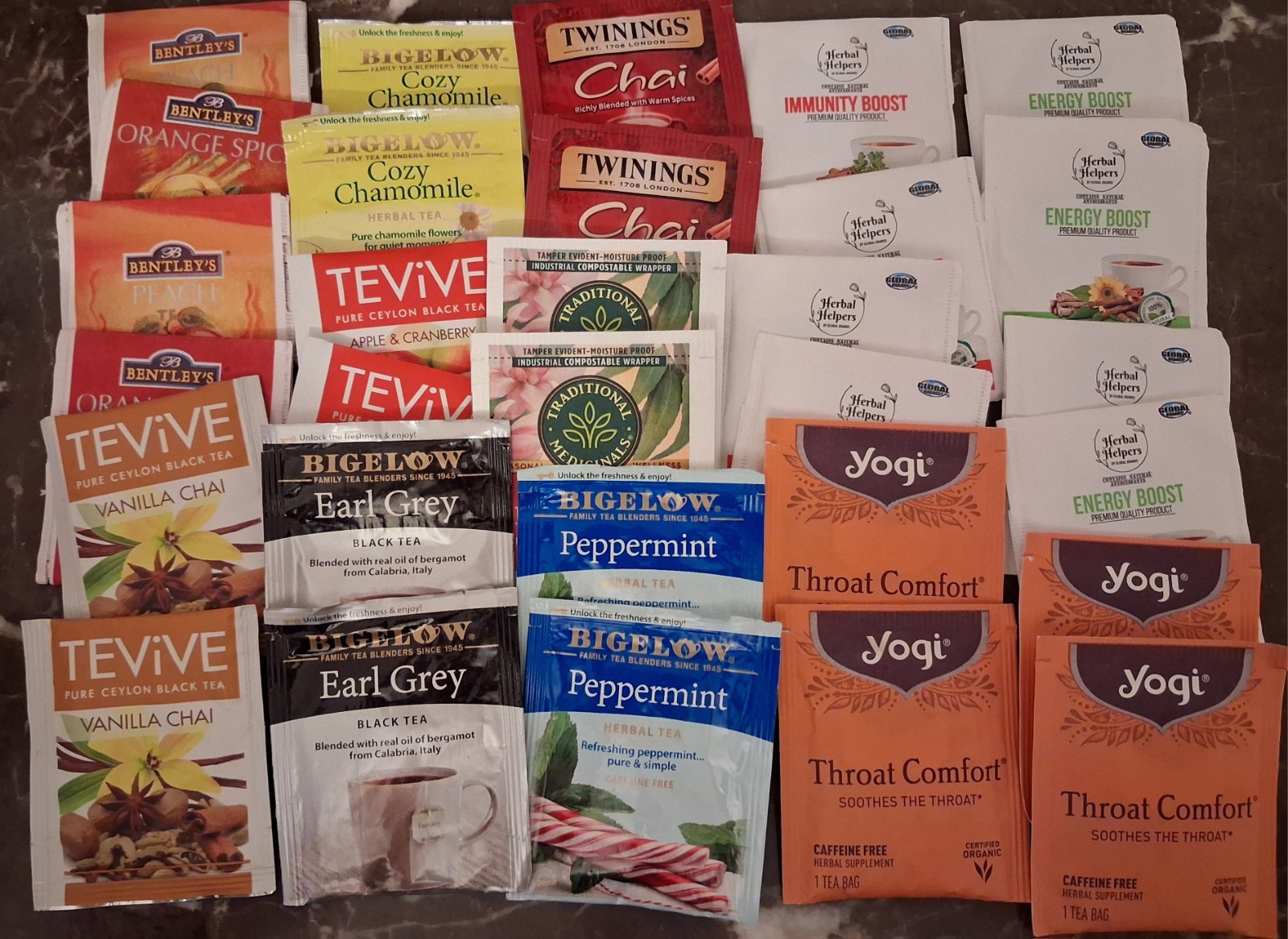 Variety 30 TEA bags With Free Tin Bigelow Yogi Tevive