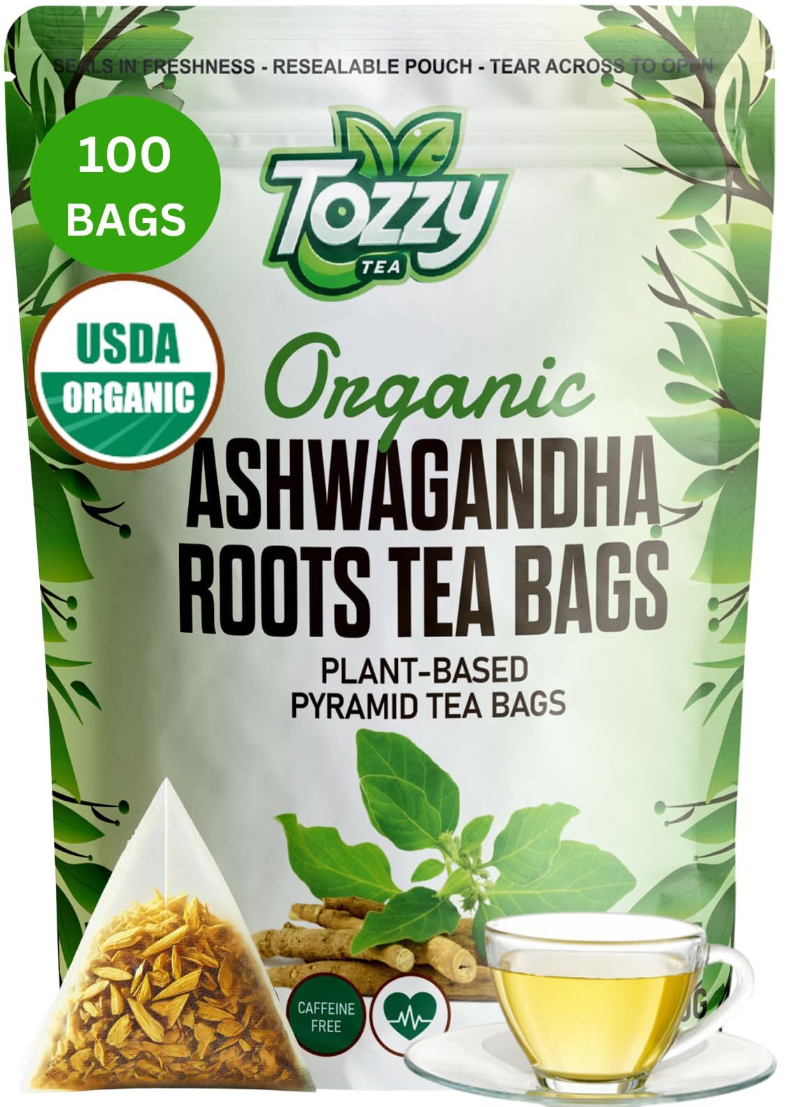 Organic Ashwagandha Tea – 100 Count (Pyramid Tea Bags) | Pure Plant-Based Ing…