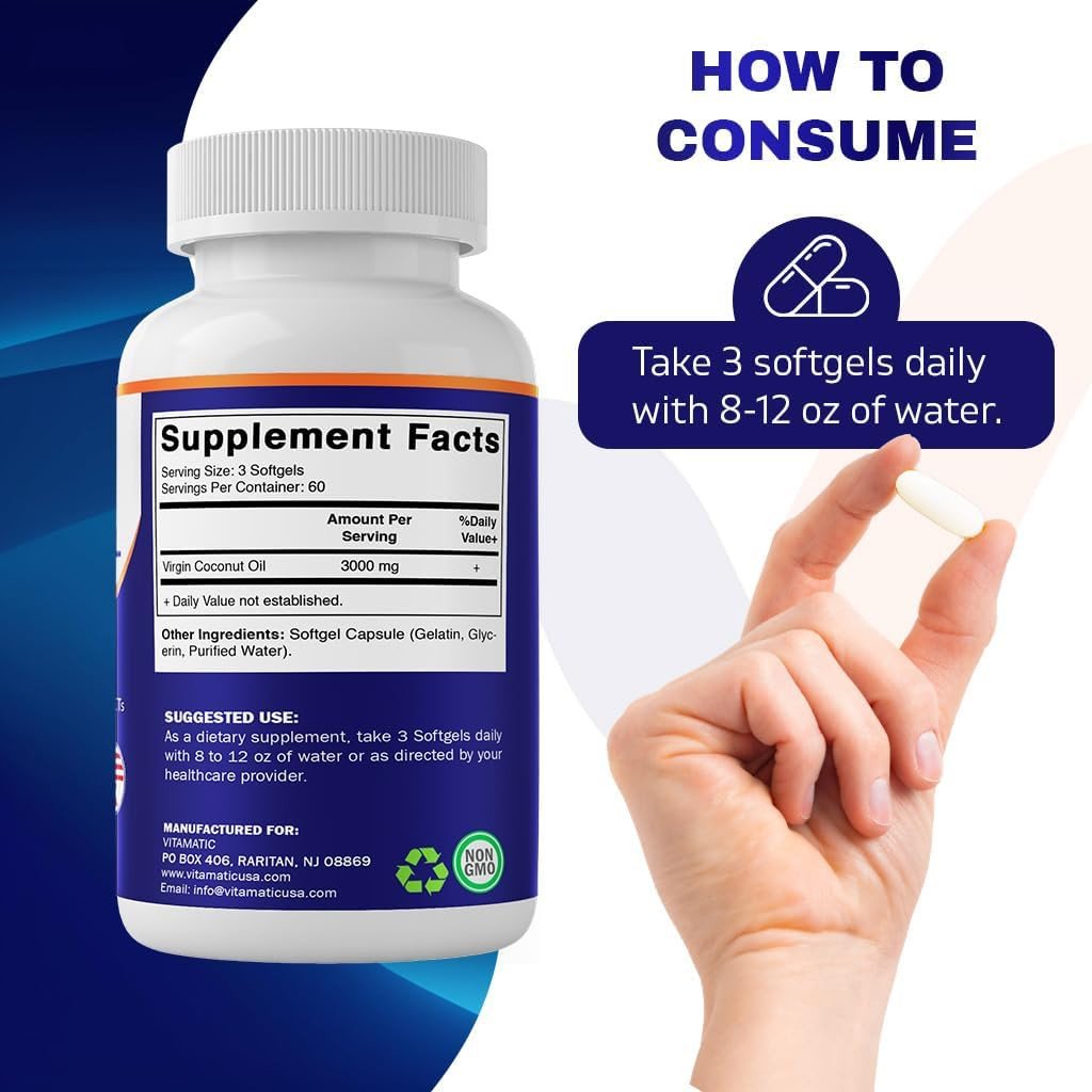 Vitamatic Virgin Coconut Oil Softgels, 3000 mg Per Serving, 60 Servings, 180…