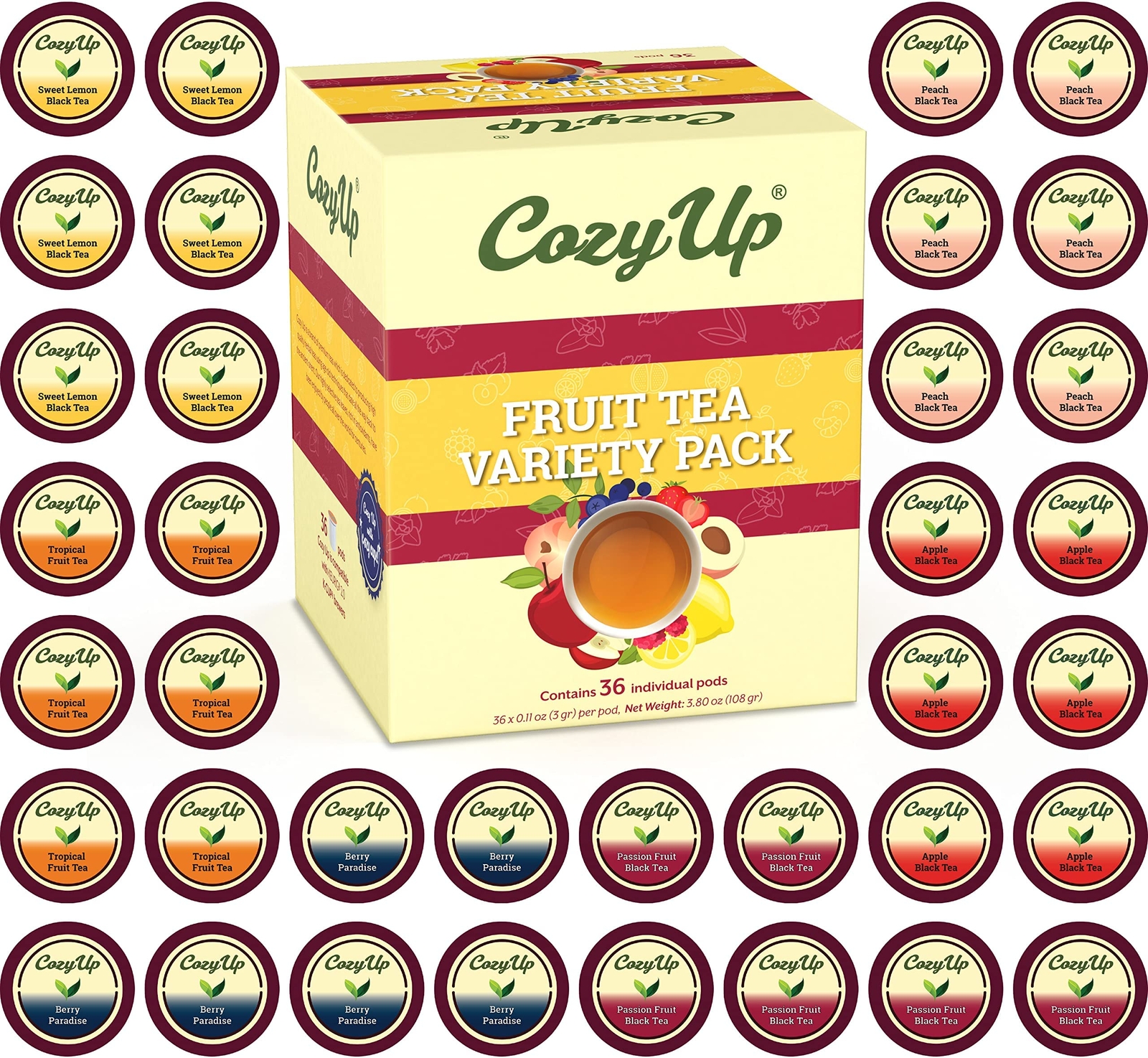CozyUp Variety Fruit Tea Sampler Pack Pod For Keurig K-Cup Brewers 36-Count