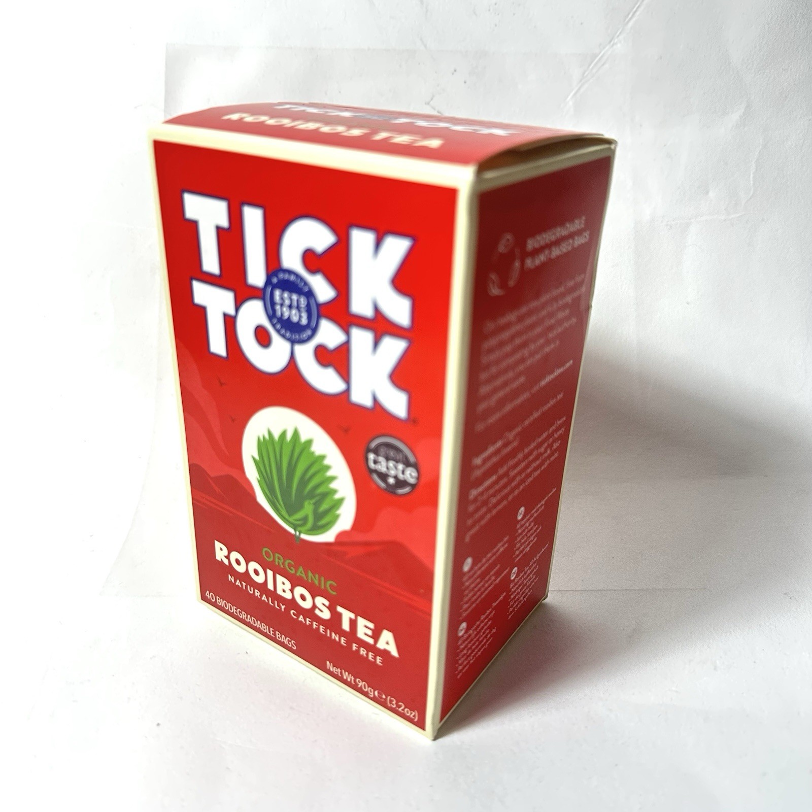 Tick Tock Rooibos Tea Organic Caffeine Free Box 40 Biodegradable Bags 90g 3.2oz