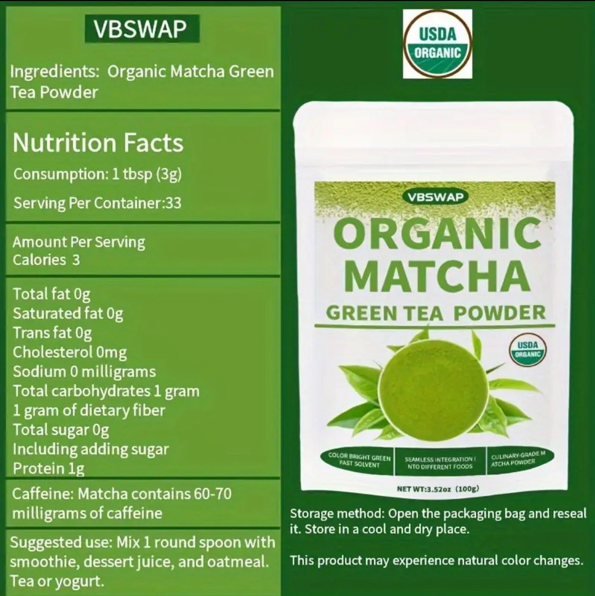 VBSWAP Organic Matcha Green Tea Powder 100g 3.5oz Pure Culinary Grade Latte Keto