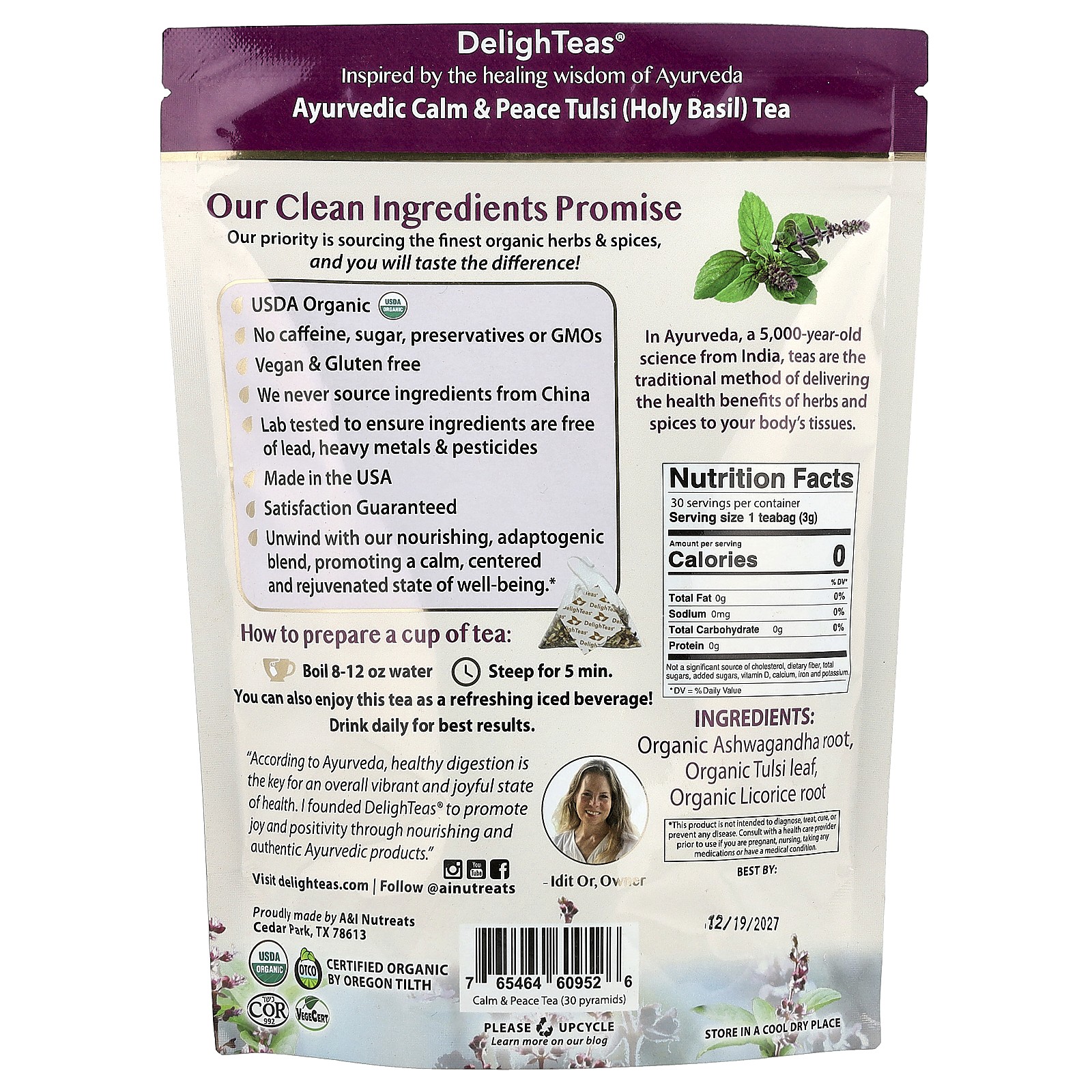 Ayurvedic Calm & Peace Tulsi (Holy Basil) Tea, Caffeine Free, 30 Luxury Pyramid