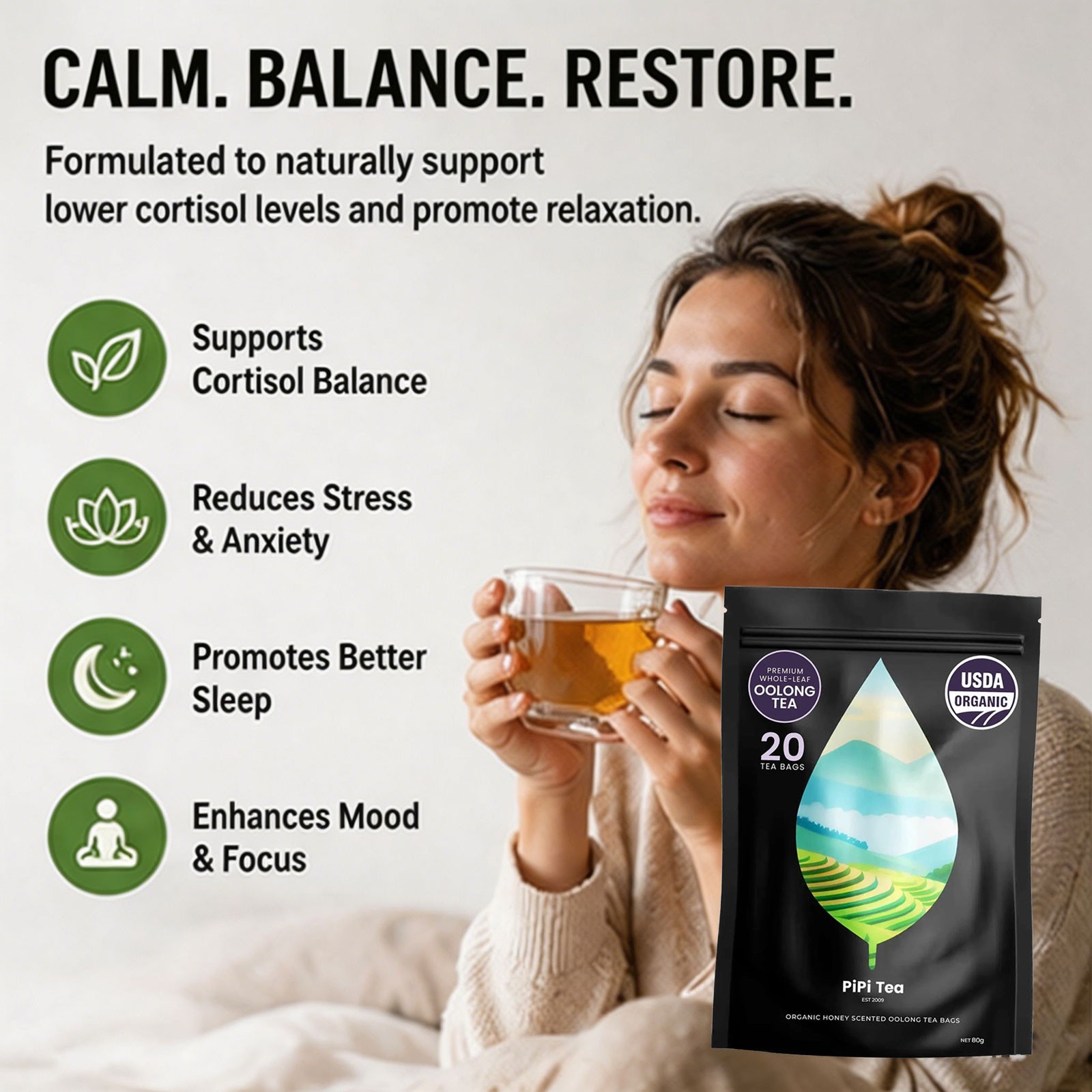 PiPi Tea Organic Oolong Tea Bags – Whole Leaf, 20 Bags (4g Each) – Cortisol &Ca1