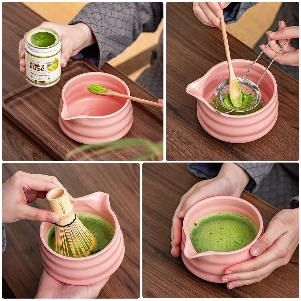 6 Pcs Matcha Set – Ceramic Bowl Whisk Canister Sifter Spoon