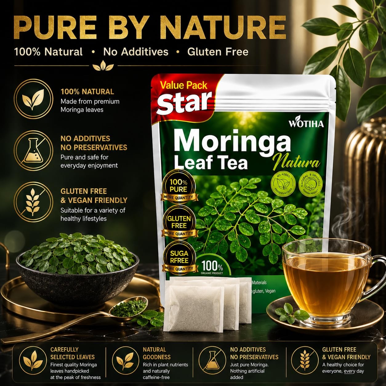Moringa Tea Herbal Bags, 60 Count,100% Pure & Natural Moringa Leaves, Cultiva…