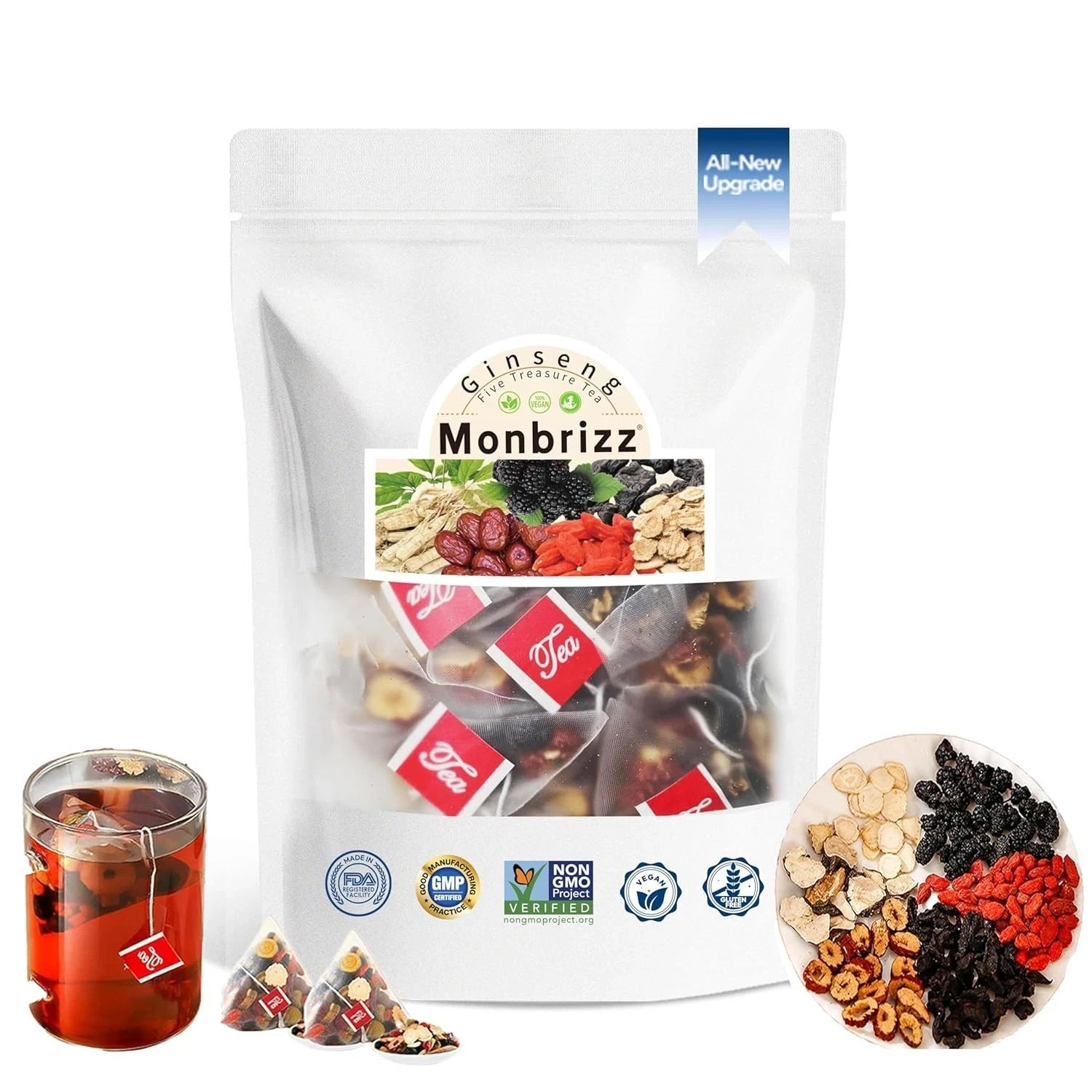 Monbrizz kidney tea formula Ginseng Six treasure tea te divina, maca root, Goji