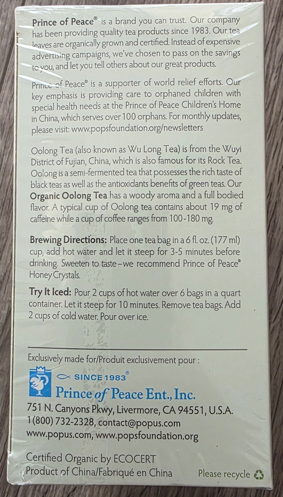 Prince of Peace Organic Oolong Tea 20 Bags Pack of 12 Bulk Case Total 240 Packet