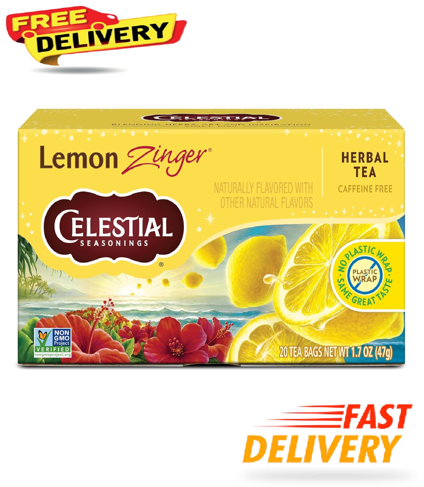 Celestial Seasonings Lemon Zinger Herbal Tea, Caffeine Free, 20 Tea Bags Box