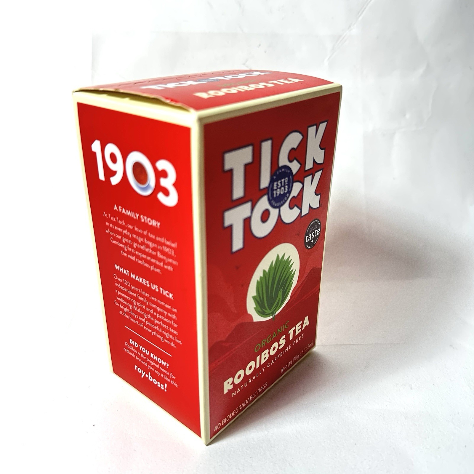 Tick Tock Rooibos Tea Organic Caffeine Free Box 40 Biodegradable Bags 90g 3.2oz
