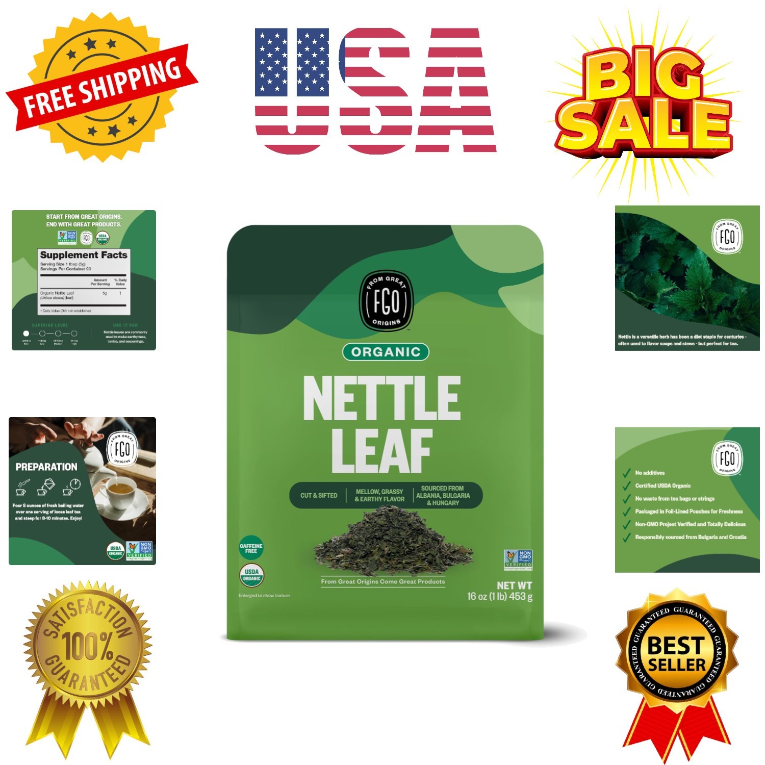 Organic Nettle Leaf Loose Tea, Cut and Sifted, Caffeine Free, 16oz Bulk Resea…