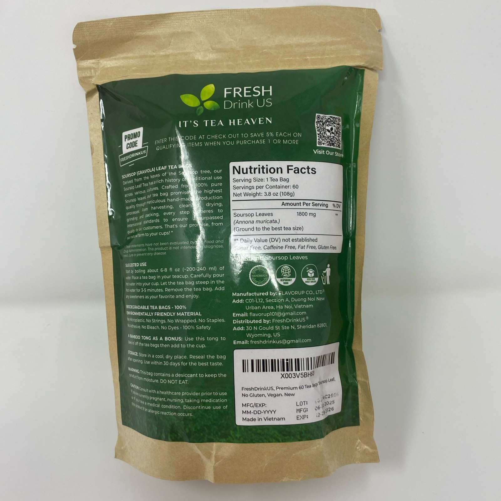 FreshDrinkUS Soursop Leaf Tea Bags, 60ct (3.8oz), Green