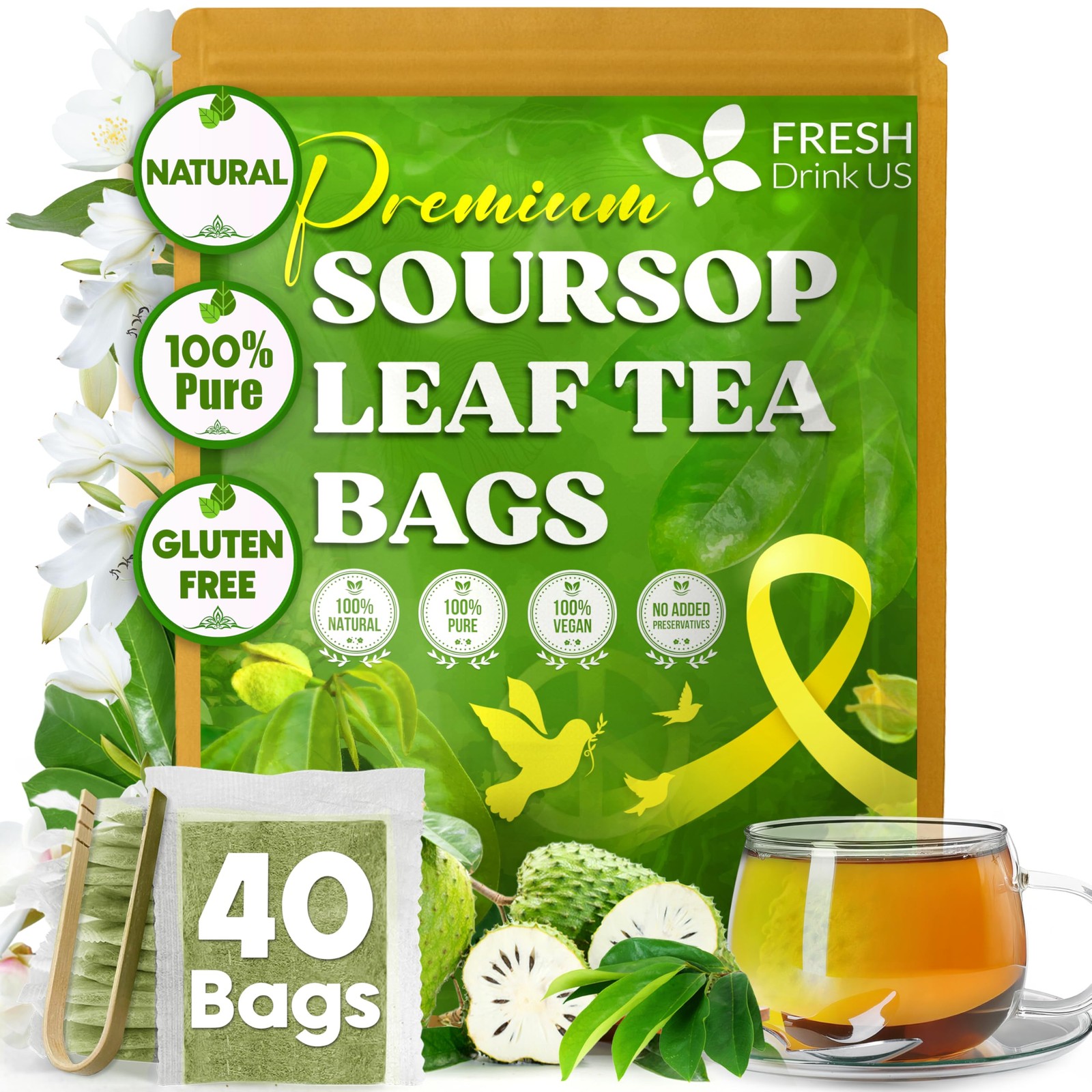 40 Premium Soursop Graviola Leaf Tea Bags, 100% Natural and Pure from Soursop