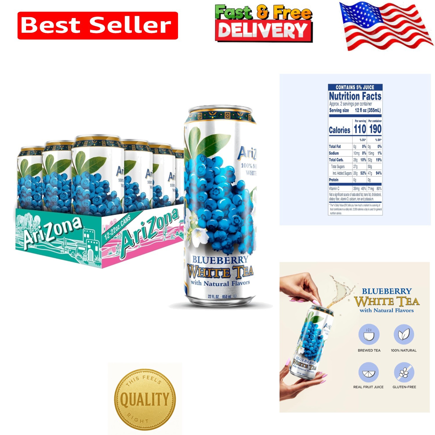All-Natural Blueberry White Tea – 12 x 22 Fl Oz Cans, Antioxidant-Rich Beverage