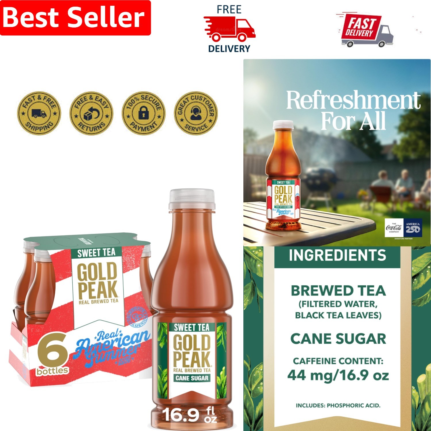 Six Bottles of Sweet Black Tea – 16.9 fl oz Each – Low Caffeine & Allergen-Free