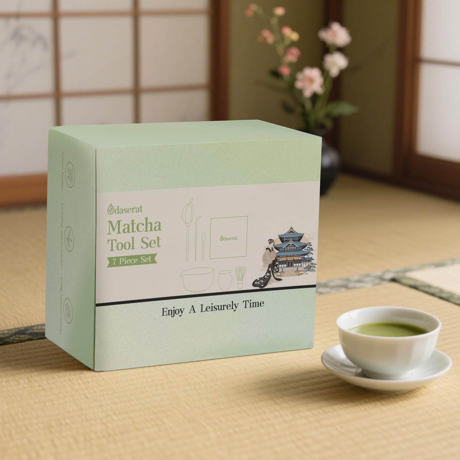 Matcha Whisk Set 7pc Ceramic Tea Kit Bowl Sifter Scoop Towel Gift