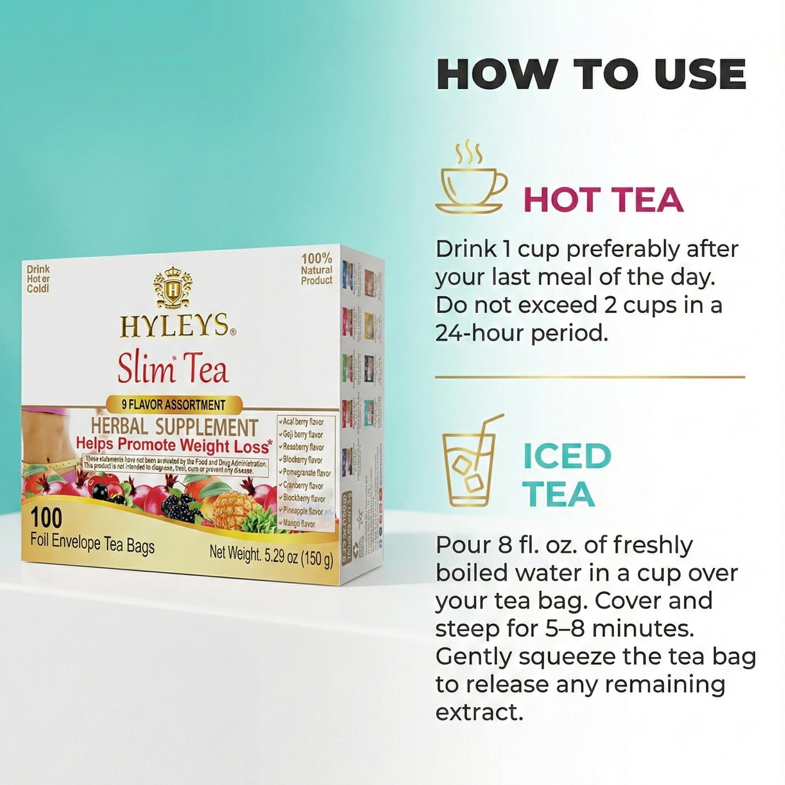 HYLEYS Slim Tea 9 Flavor Assortment 100 Ct – 100 Count (Pack of 1), Assorted