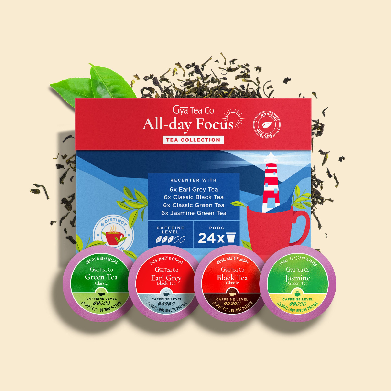 Gya Tea Co All-Day Focus K-Cup Collection 24 Pods (4 Flavors) ~ Exp. 12/26