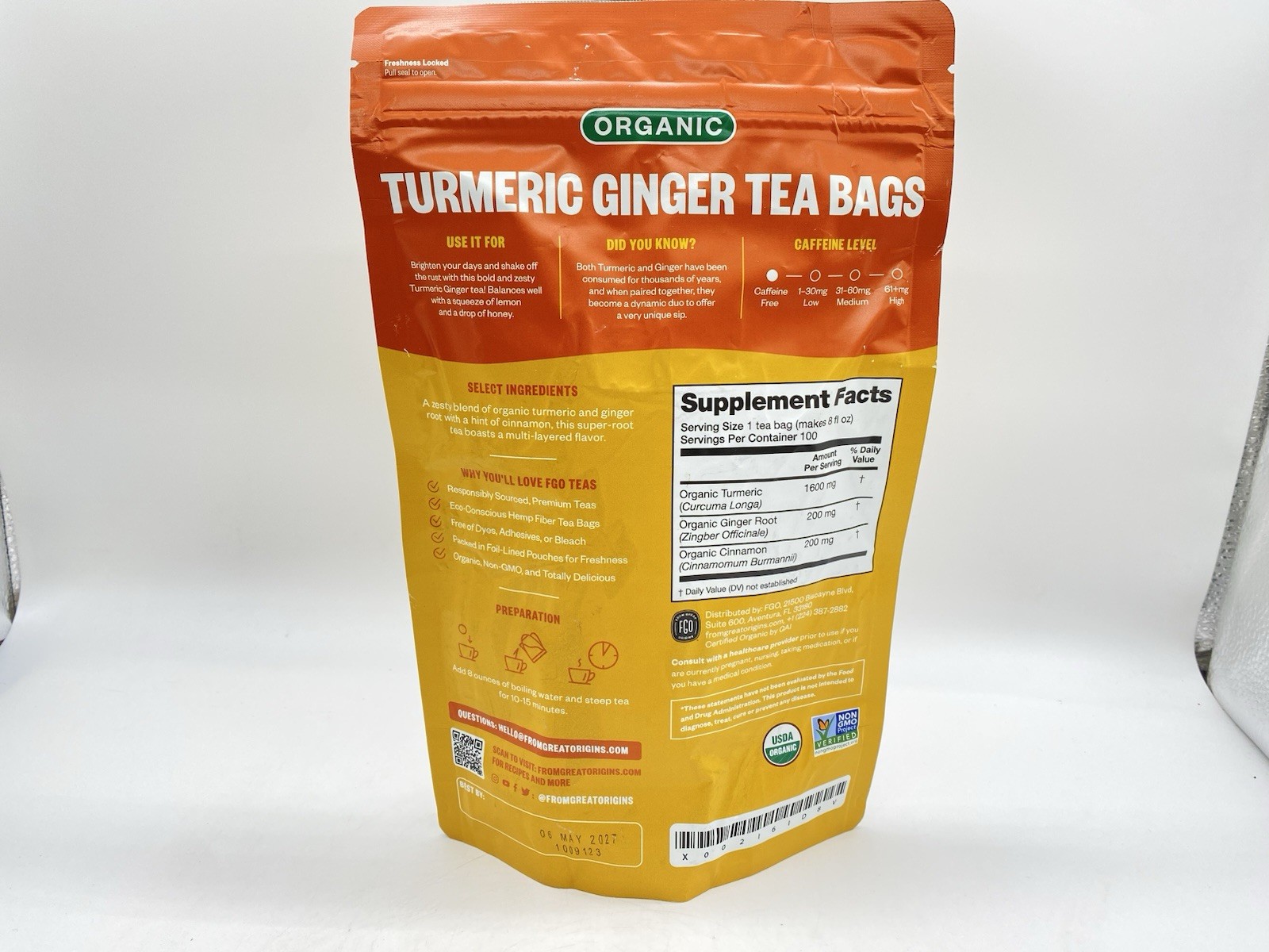Organic Turmeric Ginger Tea – Eco-Conscious Tea Bags – 100 Count BB:05/27