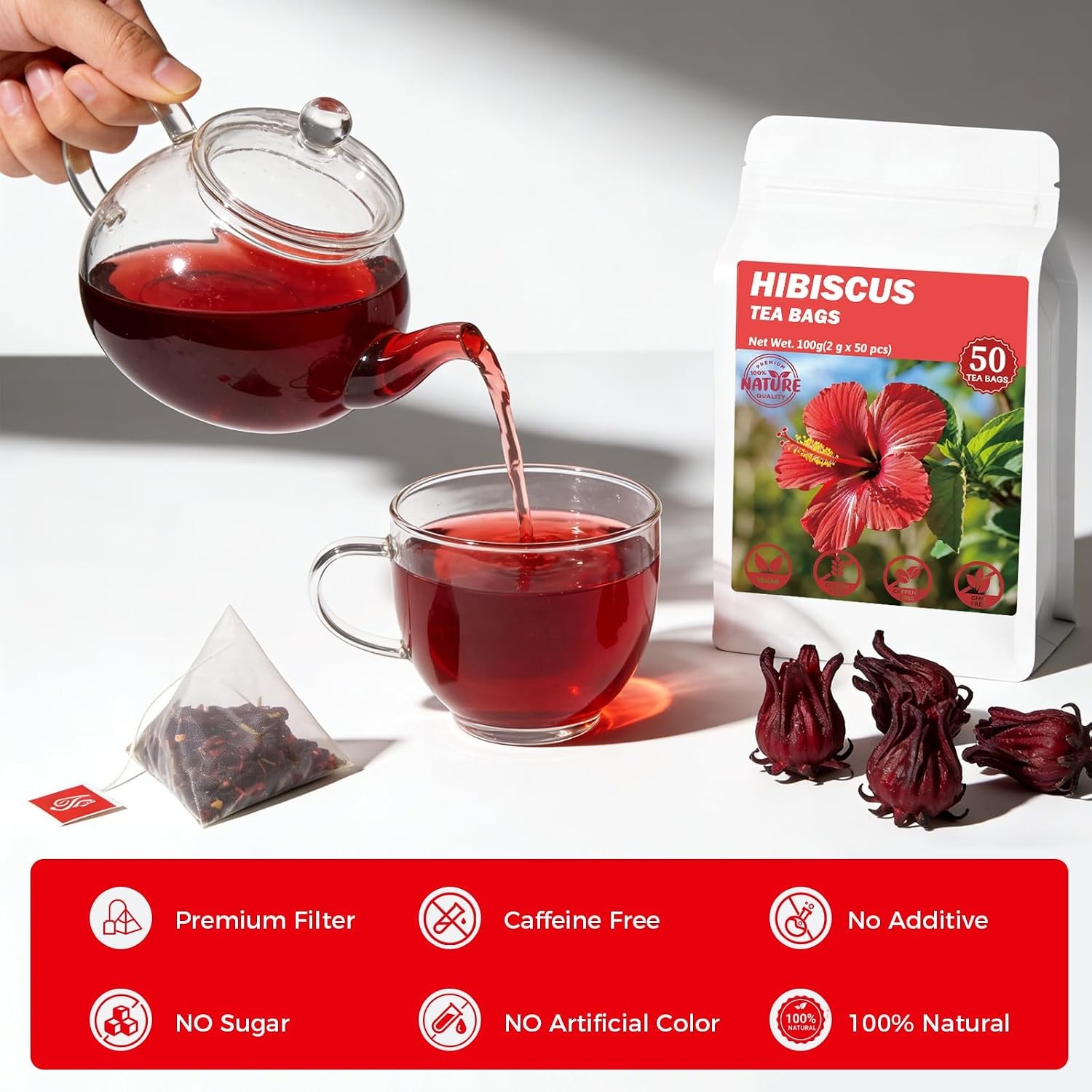 50 Premium 100% Pure Organic Hibiscus Tea Bags Natural Herbal Tea