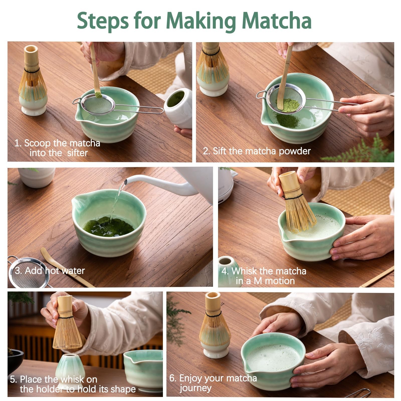 Matcha Whisk Set 5pc Bowl with Spout Sifter Scoop Japanese Tea Kit