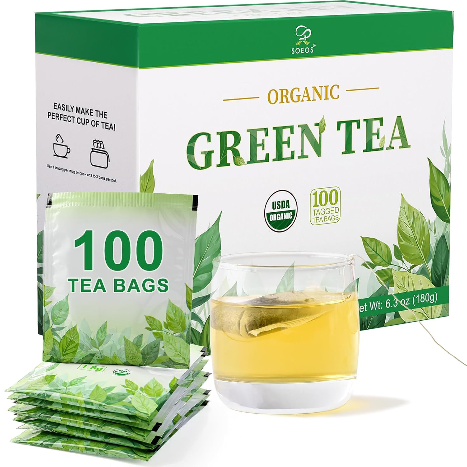 Organic Green Tea, 6.3 Oz (180G), 100 Tea Bags, Refreshing and Fragrant, Sustain