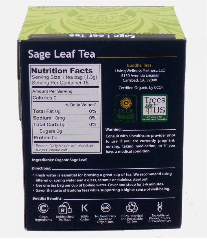 Buddha Teas Organic Sage Leaf Tea, 18 Tea Bags – 11/2028
