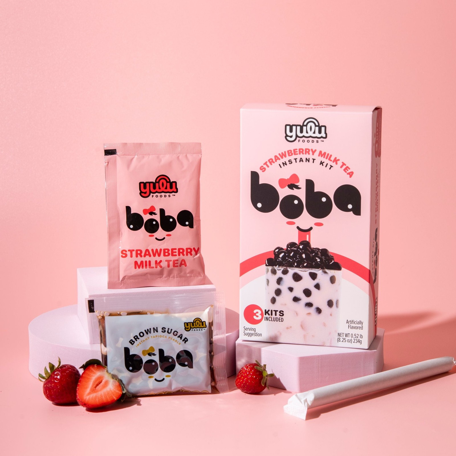 Yulu Instant Boba Strawberry Milk Tea, Bubble Tea Kit, 3 Drinks