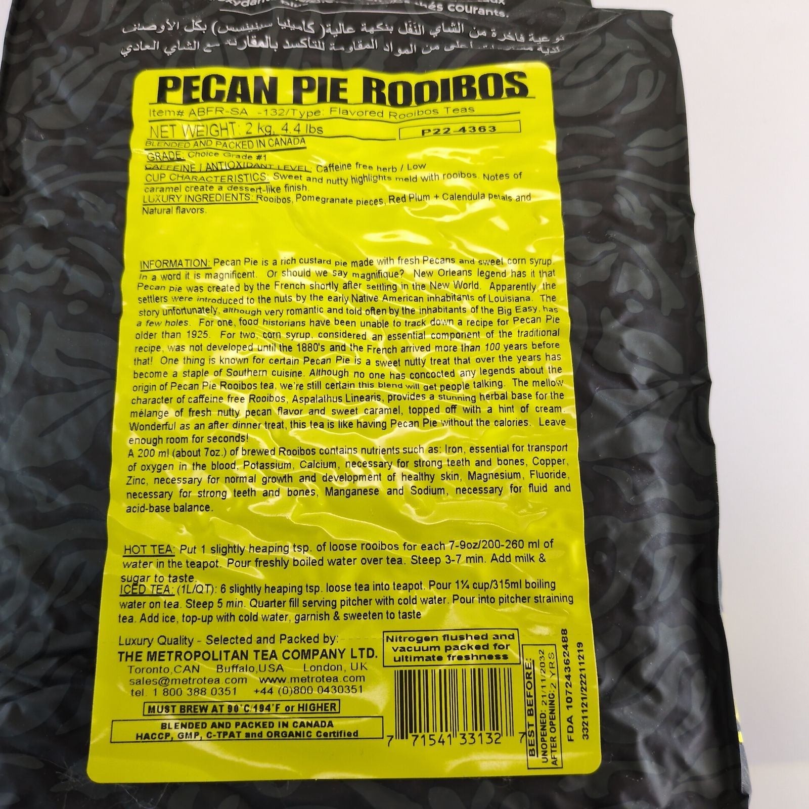 Metropolitan Tea Co Pecan Pie Rooibos Tea 2kg 4.4lb Sealed BB 11/2032 Bulk Loose