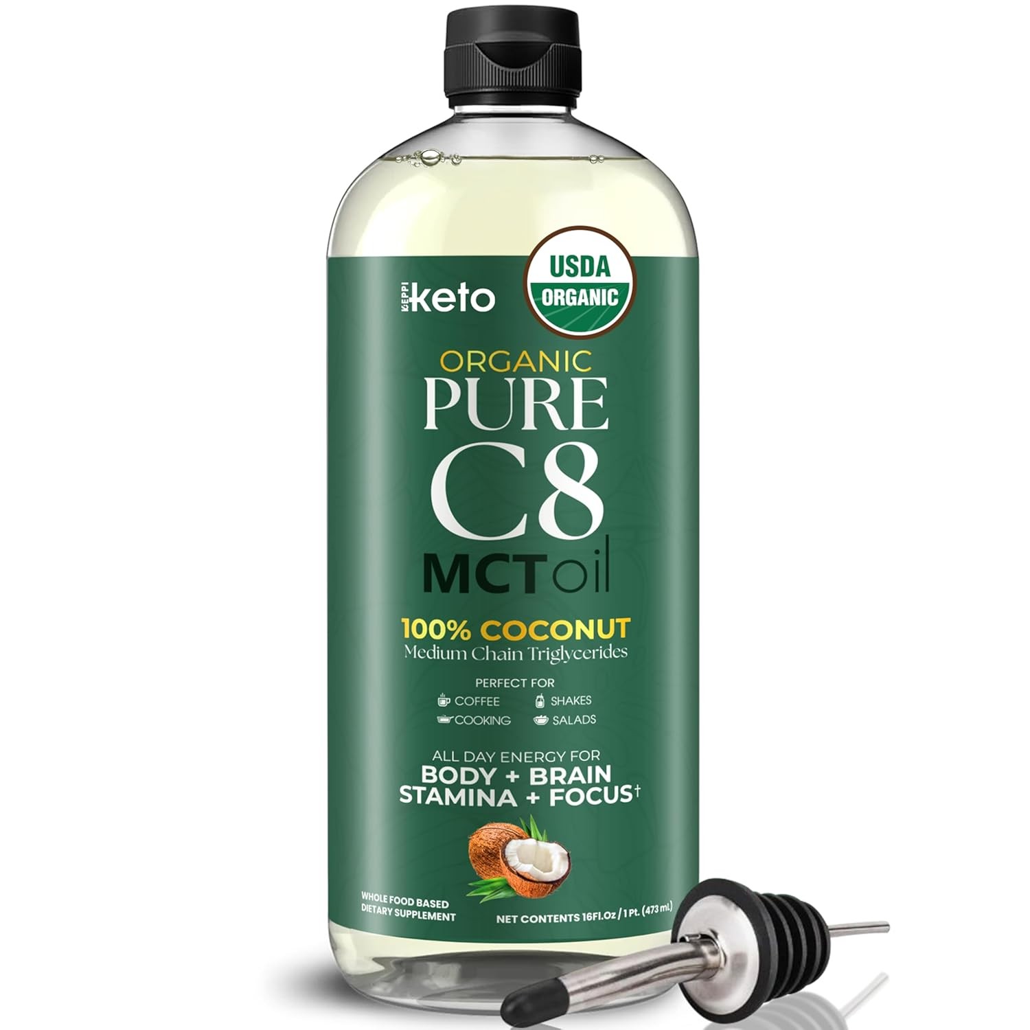 Keppi Keto Organic MCT Oil – Flavorless C8, Non-GMO, 16 Fl Oz (Pack of 1), C8