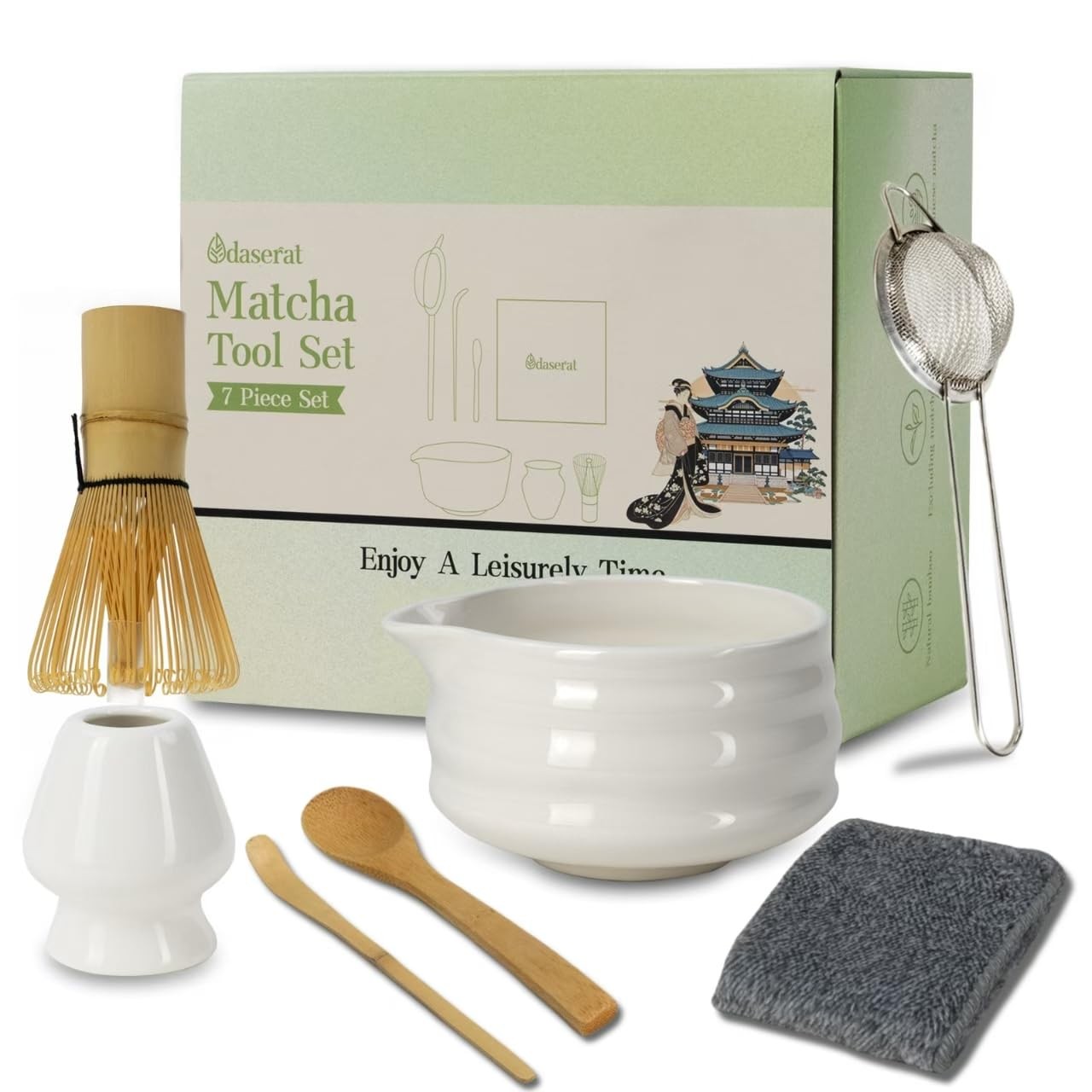 Matcha Whisk Set 7pc Ceramic Tea Kit Bowl Sifter Scoop Towel Gift