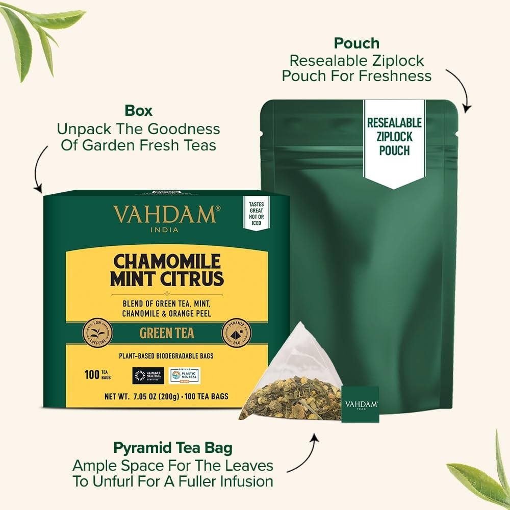 , Chamomile Mint Citrus Green Tea Bags 100 Count Low Caffeine, Non GMO, Glute…