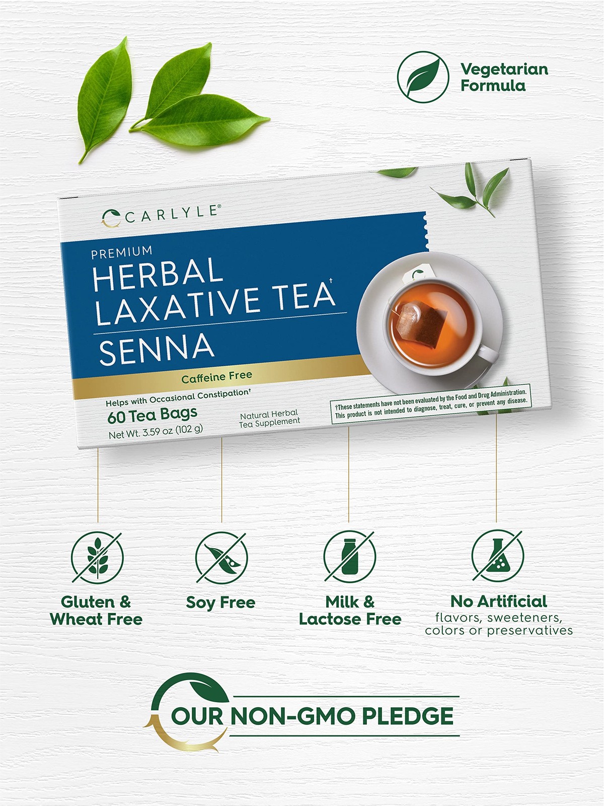 Carlyle Herbal Laxative Senna Leaf Tea | 60 Bags | No Caffeine | Helps 60