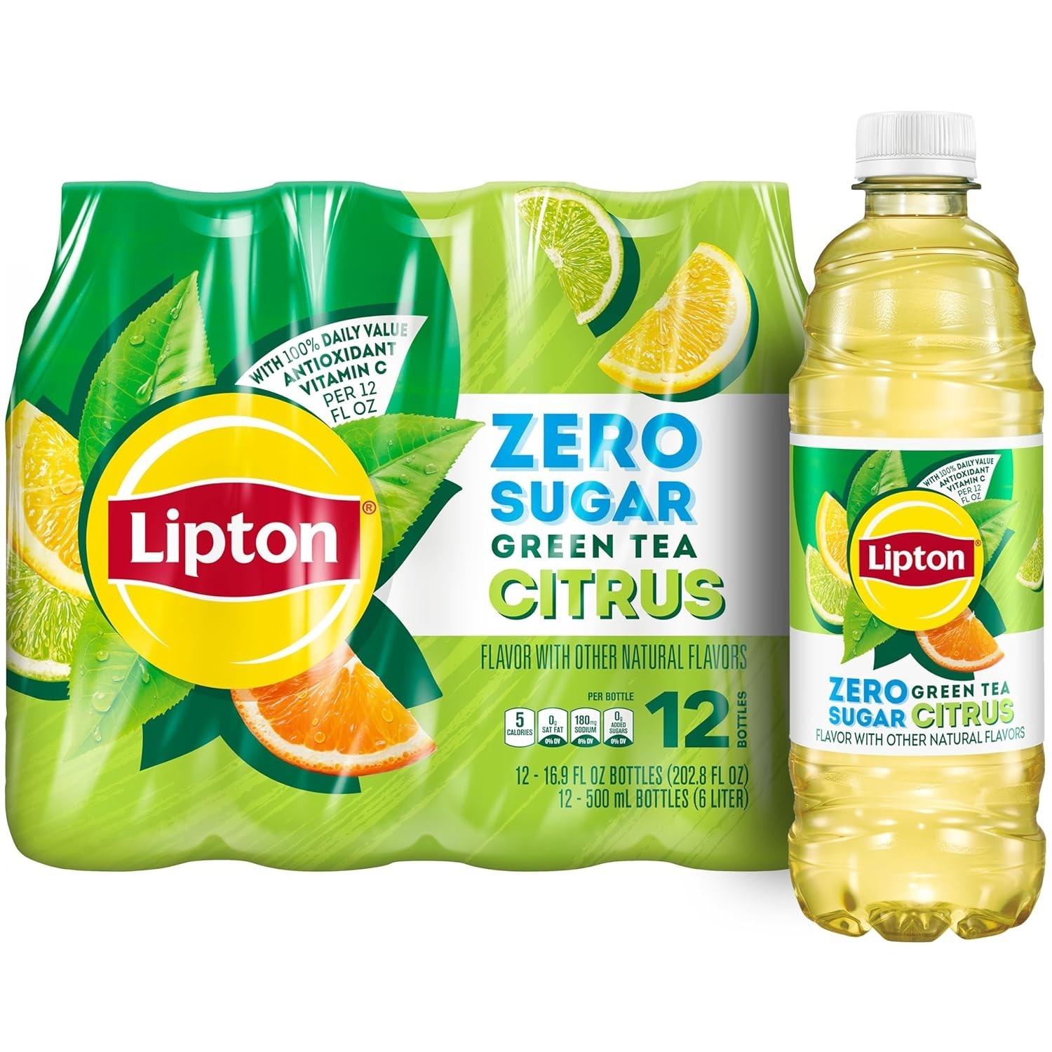 Lipton Zero Sugar Iced Tea, Green Tea Citrus, 16.9 fl oz Bottles, (12 Pack), 100