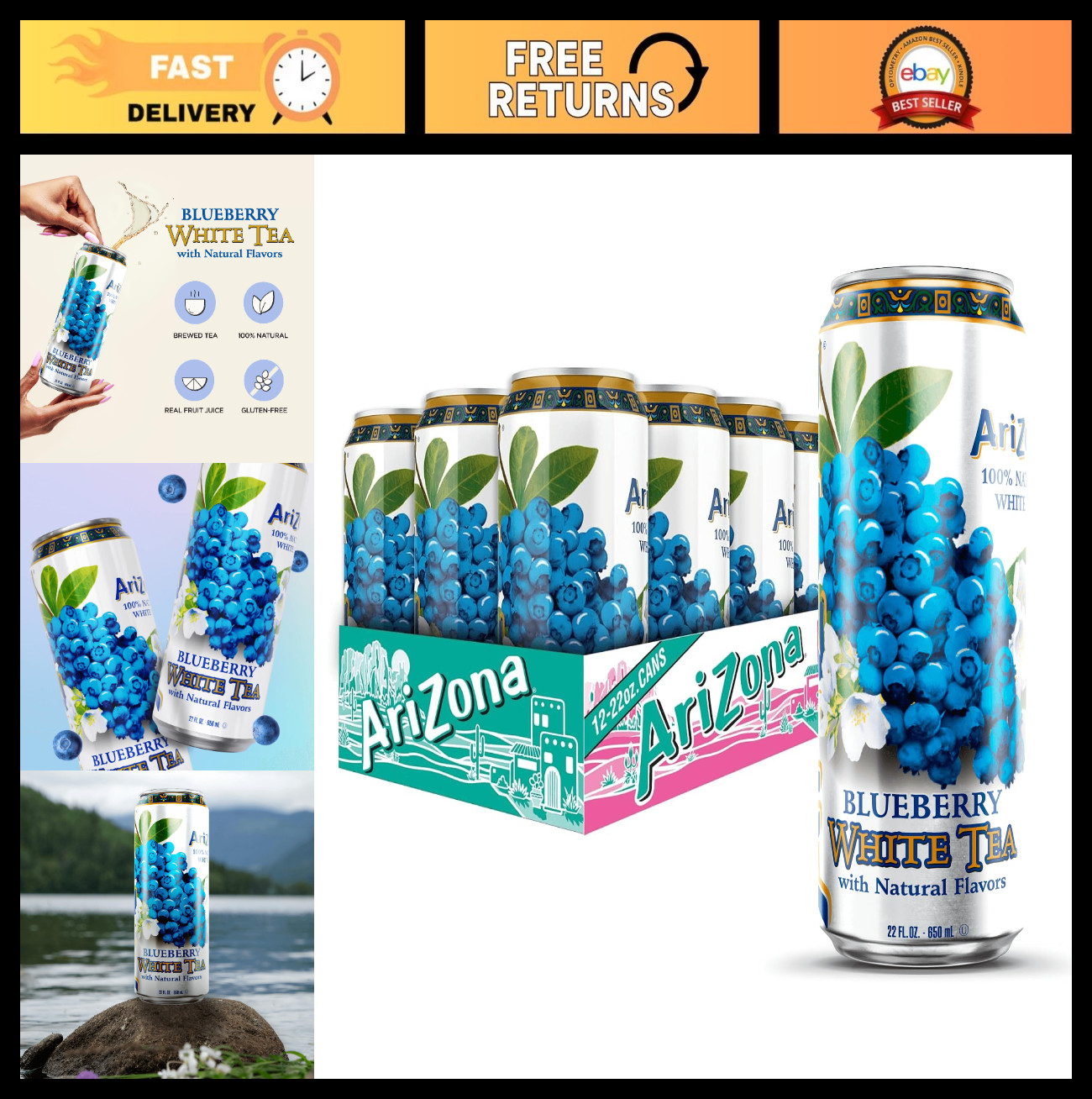 Blueberry White Tea – 22 Fl Oz Big Can (Pack of 12) – Refreshing Iced Beverage