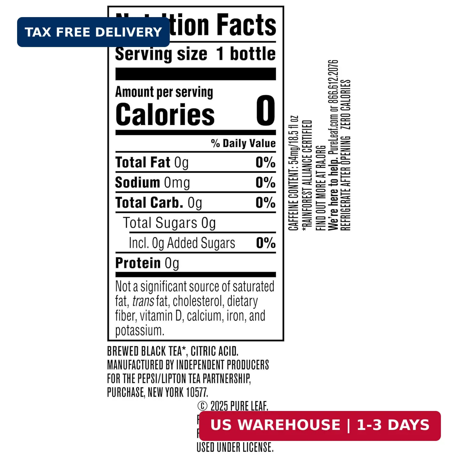 Pure Leaf Iced Tea, Unsweetened Real Brewed Tea, Zero Sugar & Zero Calories, 18.
