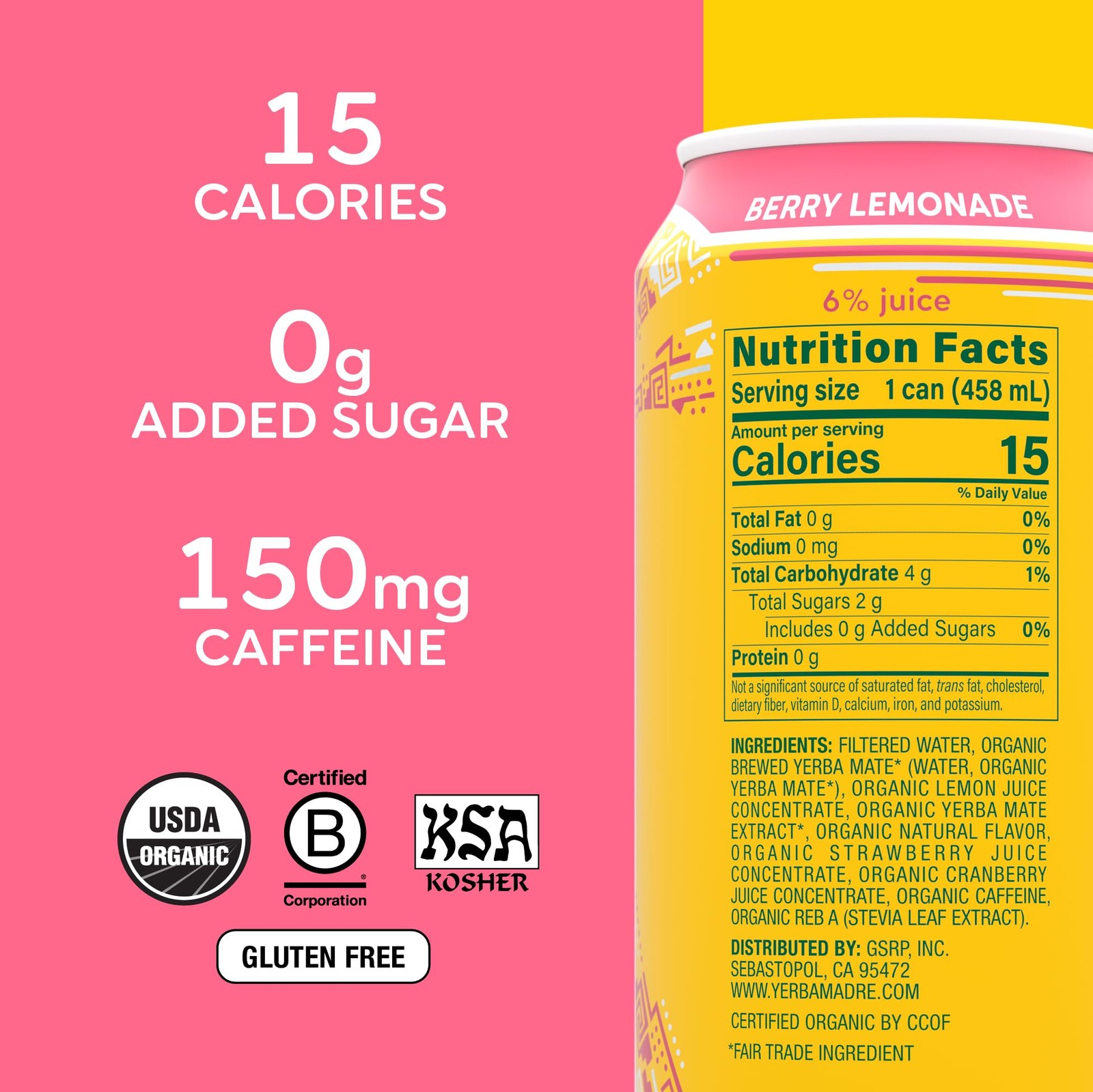 Yerba Madre Organic Yerba Mate, Low Sugar Lemonade, 150mg Natural Caffeine, E…