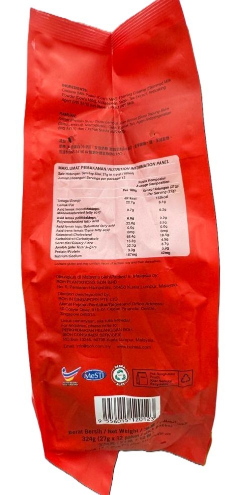 BOH Teh Tarik / Milk Tea Original 3 in 1 Less Sweet 12 x 27g – 1 Pack